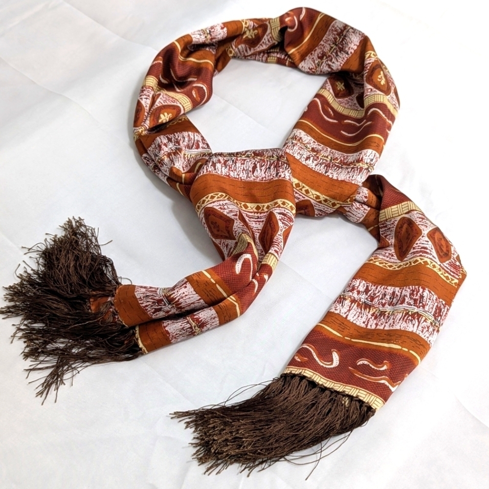 NWOT 100% Silk Abstract Print - Burnt Orange,Brown,Yellow Wide Oblong Scarf - Picture 2 of 15